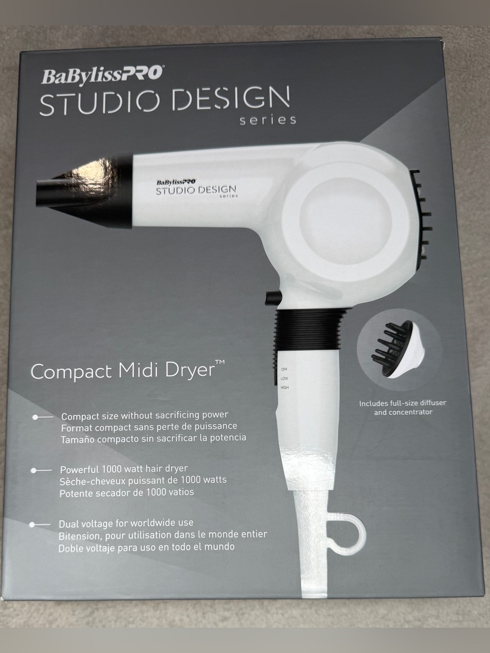 Babyliss Pro Studio Mini Travel Hair Dryer - Compact Midi White & Black